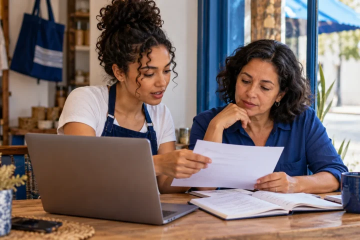 Duas empreendedoras revisando um caderno e documentos para planejar um pequeno negócio.