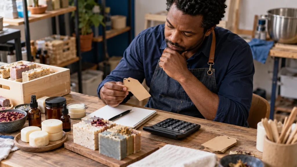 Pequeno empreendedor conferindo custos de produtos e uma etiqueta de preço em sua bancada.