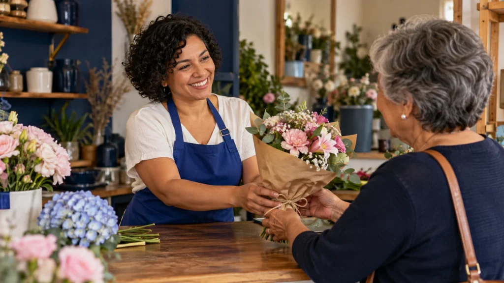 Florista de bairro entregando um buquê e conversando com uma cliente no balcão da loja.