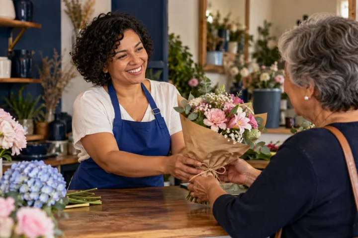 Florista de bairro entregando um buquê e conversando com uma cliente no balcão da loja.
