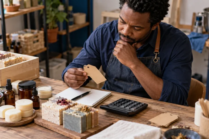 Pequeno empreendedor conferindo custos de produtos e uma etiqueta de preço em sua bancada.